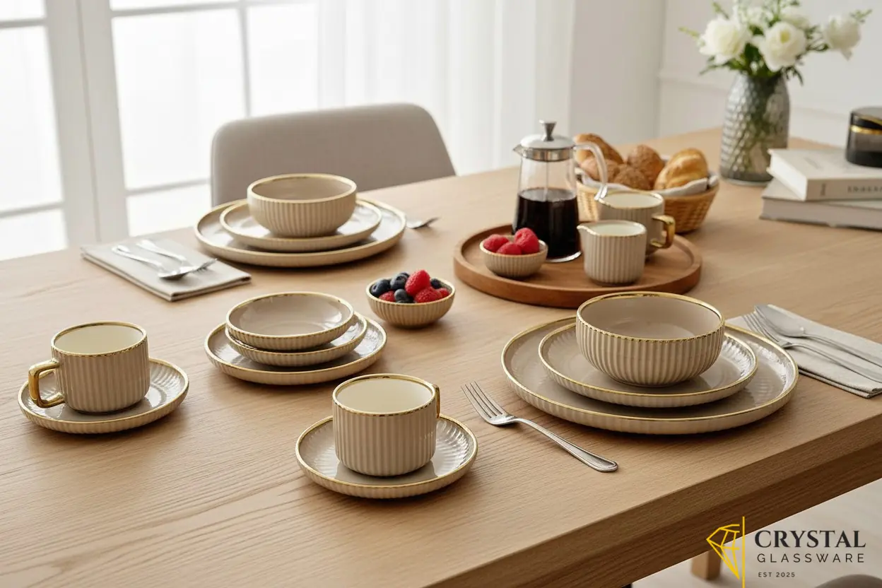 32-piece ceramic dinner set featuring a ribbed texture and gold trim